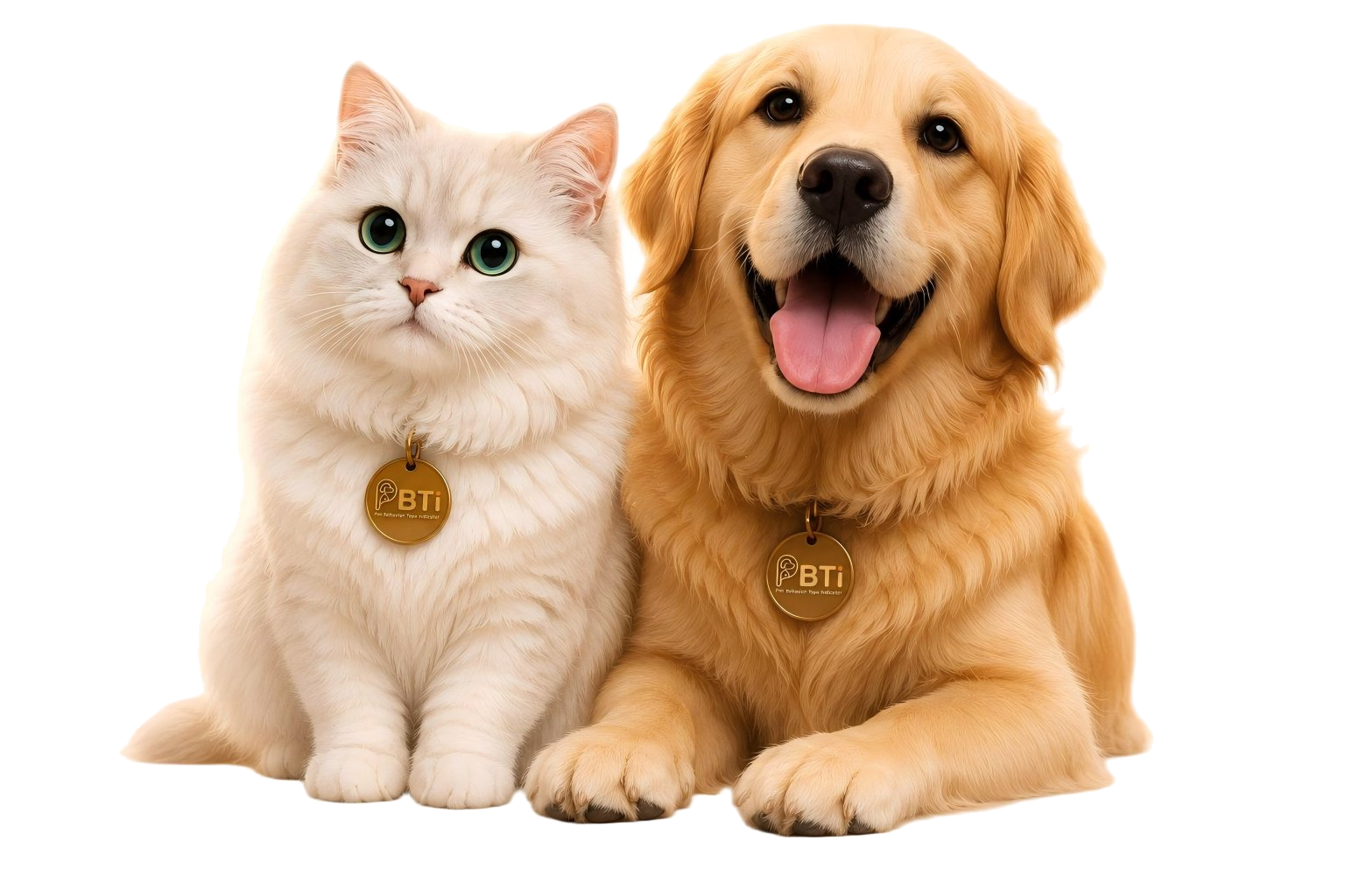 A happy cat and dog together wearing PBTI tags